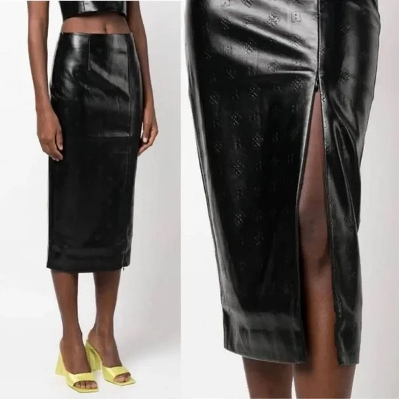 ROTATE Birger Christensen Skirt Leeds Pencil Midi Faux Leather Logo Black 8 - Picture 2 of 12